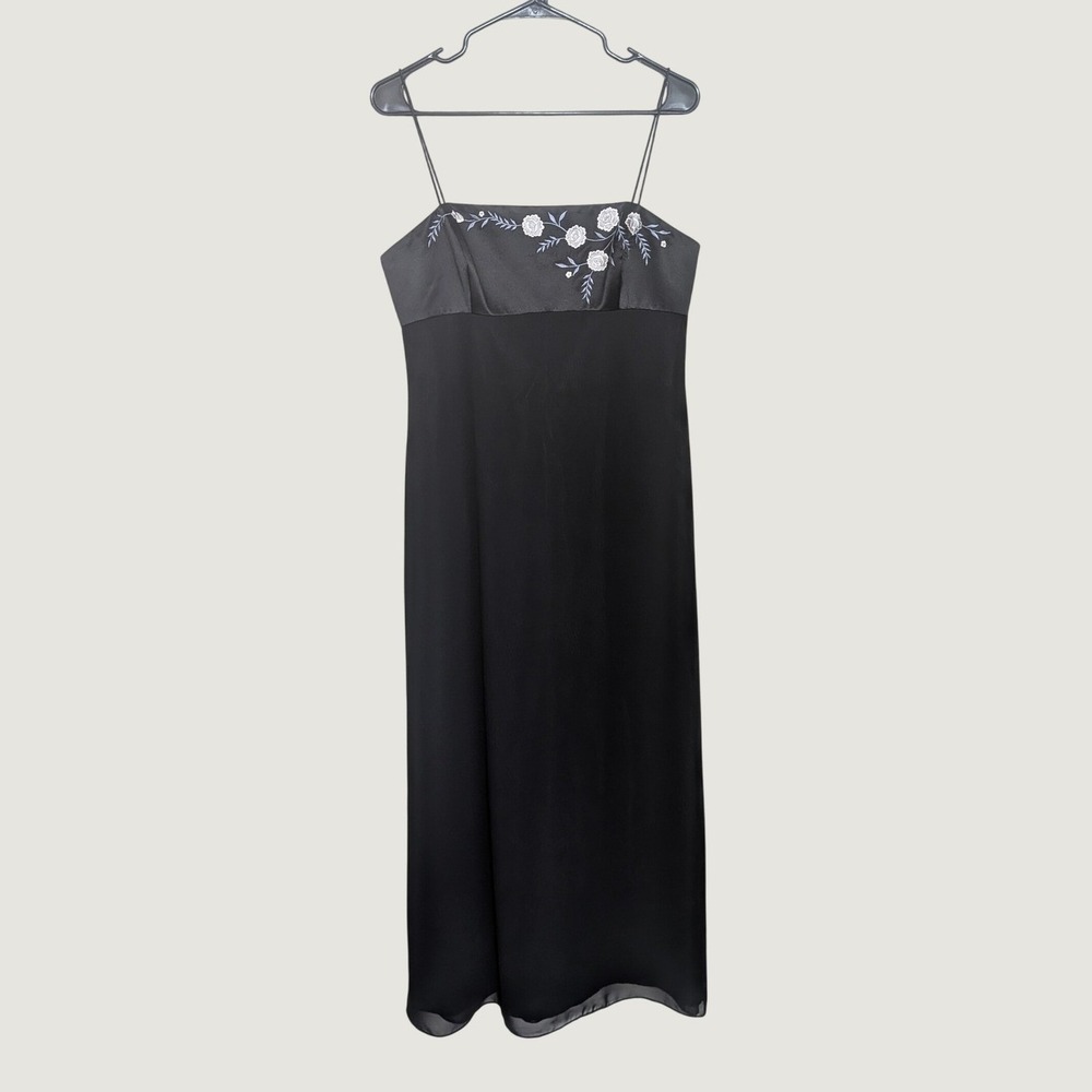 Vintage 90s‎ Whimsigoth Papell Boutique Black Floral Embroidered Maxi Dress 12P